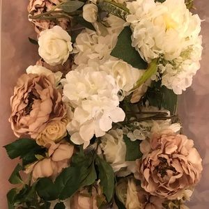 Mauve, White, Greenery, off white fake flowers